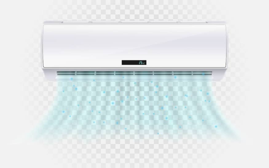Climatiseur avec vagues de vent froid. Climatiseur avec flux d'air froid. Appareil électronique moderne pour contrôler la température et le climat dans une pièce, illustration vectorielle réaliste en 3D.