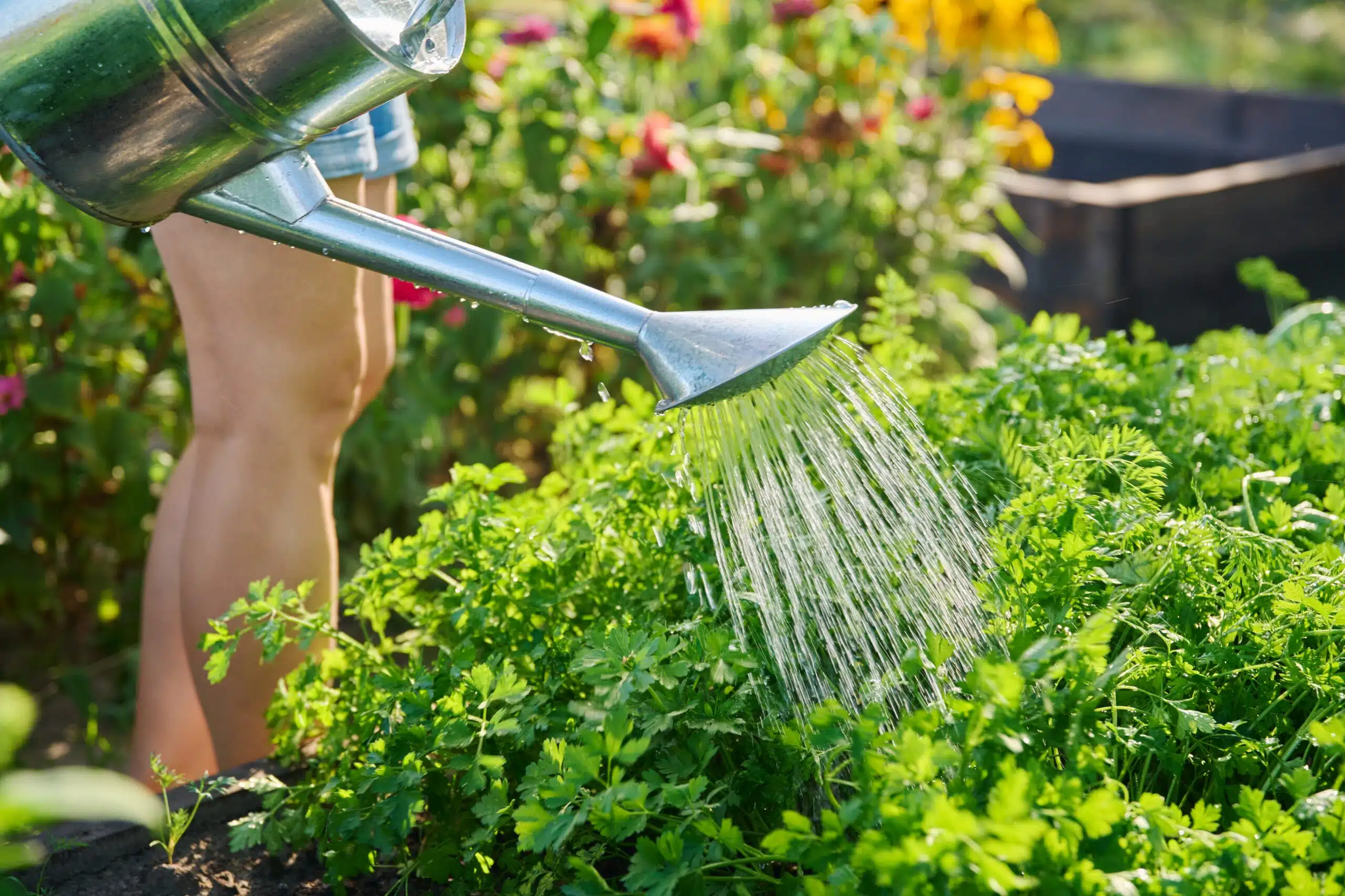 woman watering a garden bed with watering can